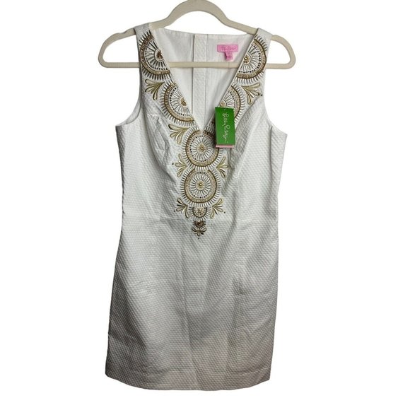 Lilly Pulitzer Gabby Shift Dress Resort White Gold Embroidered NEW Sz 4 $258 - Picture 2 of 8
